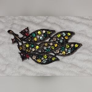 Vintage Cooper Leaf Brooch with Multi-colored Rhinestone Accents